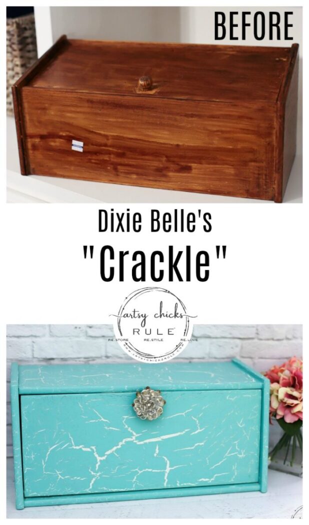 Dixie Belle Crackle is one way to give that aged, cracked style finish. I love the finished look, but did I love the product?? Read on to see! artsychicksrule.com #dixiebelle #dixiebellecrackle #dixiebellemakeover #breadboxmakeover 
