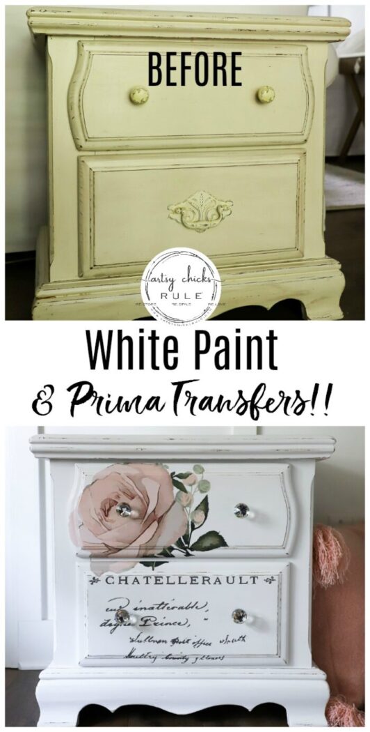 French Style Nightstand -SIMPLE with Prima Transfers!! artsychicksrule.com #frenchstyle #frenchdecor #primatransfers #redesignwithprima #pinkrosetransfer #frenchnightstand