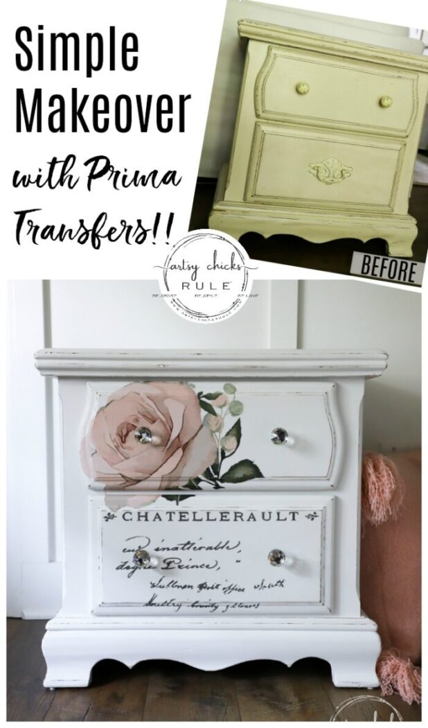 French Style Nightstand -SIMPLE with Prima Transfers!! artsychicksrule.com #frenchstyle #frenchdecor #primatransfers #redesignwithprima #pinkrosetransfer #frenchnightstand