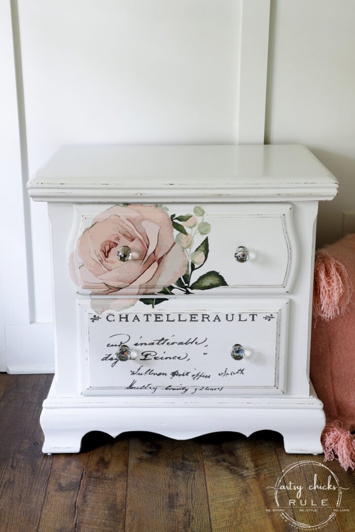 French Style Nightstand -SIMPLE with Prima Transfers!! artsychicksrule.com #frenchstyle #frenchdecor #primatransfers #redesignwithprima #pinkrosetransfer #frenchnightstand
