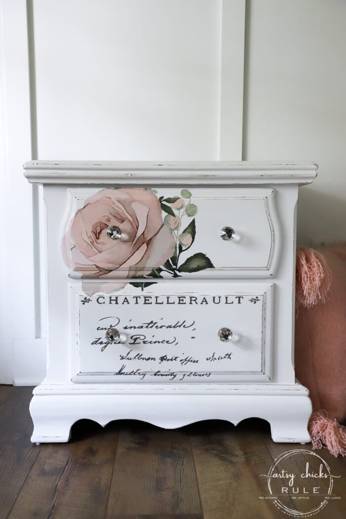French Style Nightstand -SIMPLE with Prima Transfers!! artsychicksrule.com #frenchstyle #frenchdecor #primatransfers #redesignwithprima #pinkrosetransfer #frenchnightstand