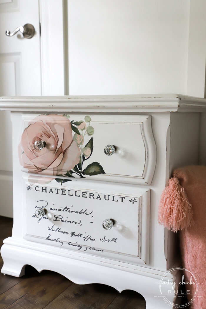 French Style Nightstand -SIMPLE with Prima Transfers!! artsychicksrule.com #frenchstyle #frenchdecor #primatransfers #redesignwithprima #pinkrosetransfer #frenchnightstand