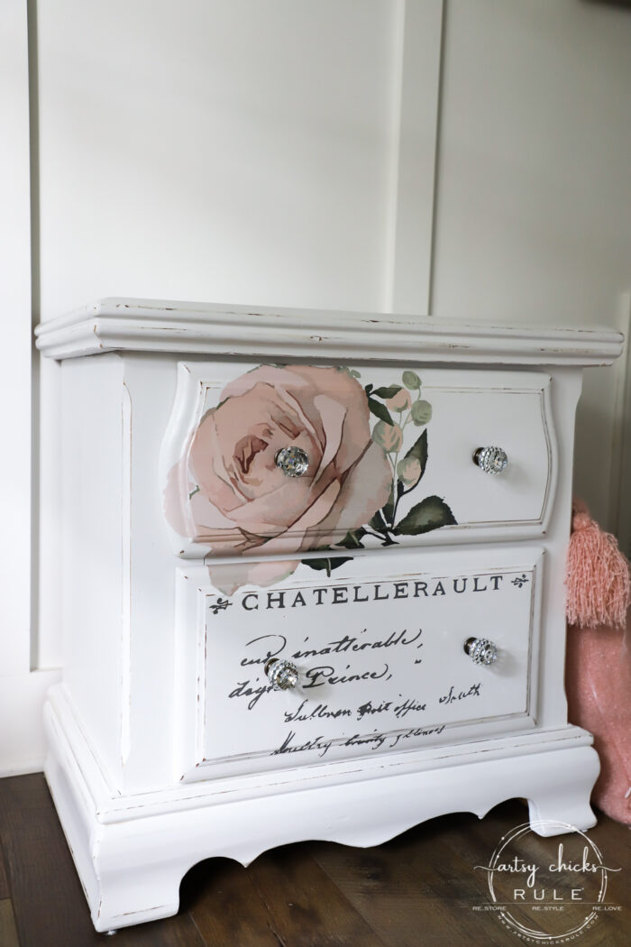 French Style Nightstand -SIMPLE with Prima Transfers!! artsychicksrule.com #frenchstyle #frenchdecor #primatransfers #redesignwithprima #pinkrosetransfer #frenchnightstand