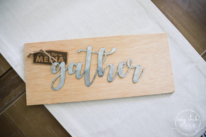 Galvanized Metal Gather Sign - Made out of scrap wood and a dollar store find!! SIMPLE!! artsychicksrule.com #metalgathersign #galvanizedgather #falldecor #fallsigns