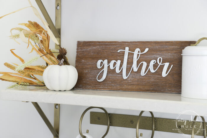 Galvanized Metal Gather Sign - Made out of scrap wood and a dollar store find!! SIMPLE!! artsychicksrule.com #metalgathersign #galvanizedgather #falldecor #fallsigns