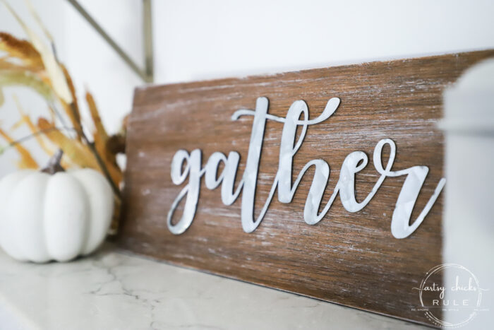Galvanized Metal Gather Sign - Made out of scrap wood and a dollar store find!! SIMPLE!! artsychicksrule.com #metalgathersign #galvanizedgather #falldecor #fallsigns