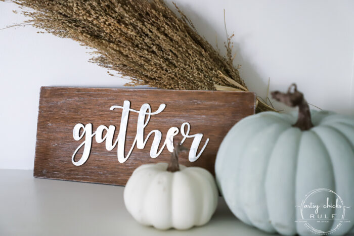 Galvanized Metal Gather Sign - Made out of scrap wood and a dollar store find!! SIMPLE!! artsychicksrule.com #metalgathersign #galvanizedgather #falldecor #fallsigns