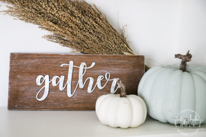 Galvanized Metal Gather Sign - Made out of scrap wood and a dollar store find!! SIMPLE!! artsychicksrule.com #metalgathersign #galvanizedgather #falldecor #fallsigns