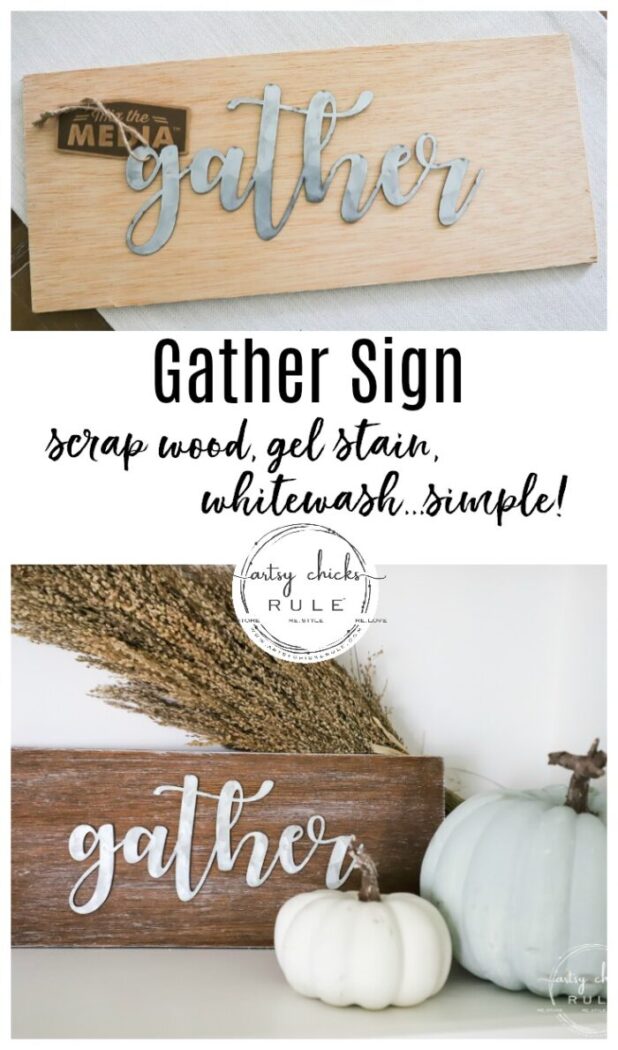 Galvanized Metal Gather Sign - Made out of scrap wood and a dollar store find!! SIMPLE!! artsychicksrule.com #metalgathersign #galvanizedgather #falldecor #fallsigns