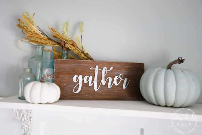 Galvanized Metal Gather Sign - Made out of scrap wood and a dollar store find!! SIMPLE!! artsychicksrule.com #metalgathersign #galvanizedgather #falldecor #fallsigns