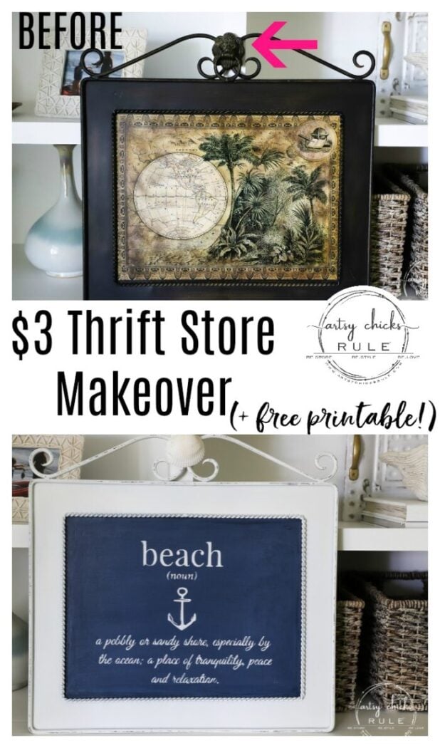 This $3 thrift store wall decor got an entirely new look with paint and a free printable! This fun metal beach sign is budget-friendly decor at its best! artsychicksrule.com #metalbeachsign #beachdecor #coastaldecor #freeprintable 