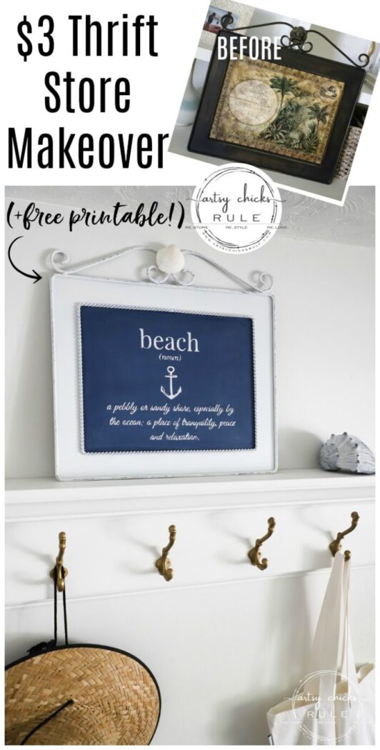 This $3 thrift store wall decor got an entirely new look with paint and a free printable! This fun metal beach sign is budget-friendly decor at its best! artsychicksrule.com #metalbeachsign #beachdecor #coastaldecor #freeprintable 