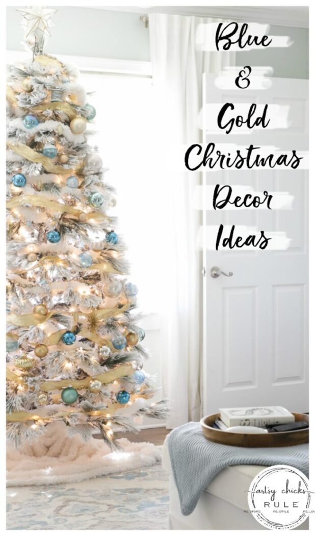 Blue and gold decor is a beautiful change from the traditional red so well-loved by many. artsychicksrule.com #blueandgoldchristmas #goldchristmasdecor #bluechristmasdecor