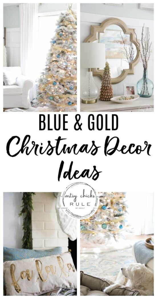 Blue and gold decor is a beautiful change from the traditional red so well-loved by many. artsychicksrule.com #blueandgoldchristmas #goldchristmasdecor #bluechristmasdecor