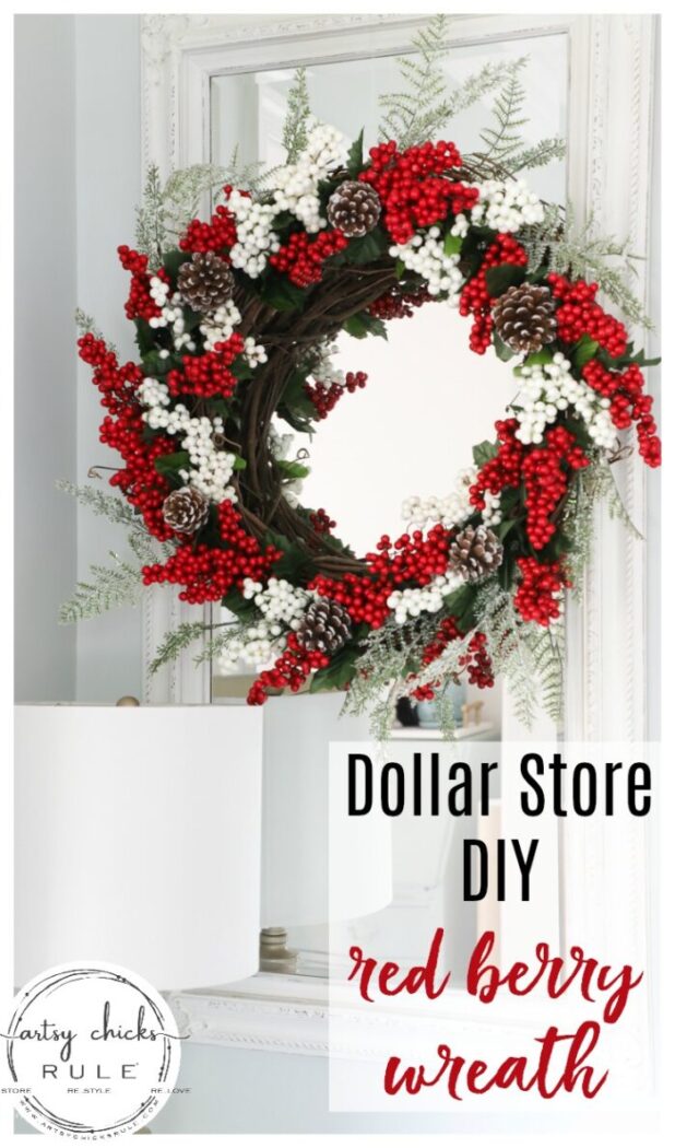 Fun and festive DIY red berry wreath made with items found at the Dollar Store! Budget friendly (and oh so simple) holiday decor! artsychicksrule.com #redberrywreath #diychristmaswreath #dollarstorecrafts #dollarstorewreath