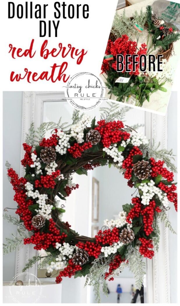 Fun and festive DIY red berry wreath made with items found at the Dollar Store! Budget friendly (and oh so simple) holiday decor! artsychicksrule.com #redberrywreath #diychristmaswreath #dollarstorecrafts #dollarstorewreath