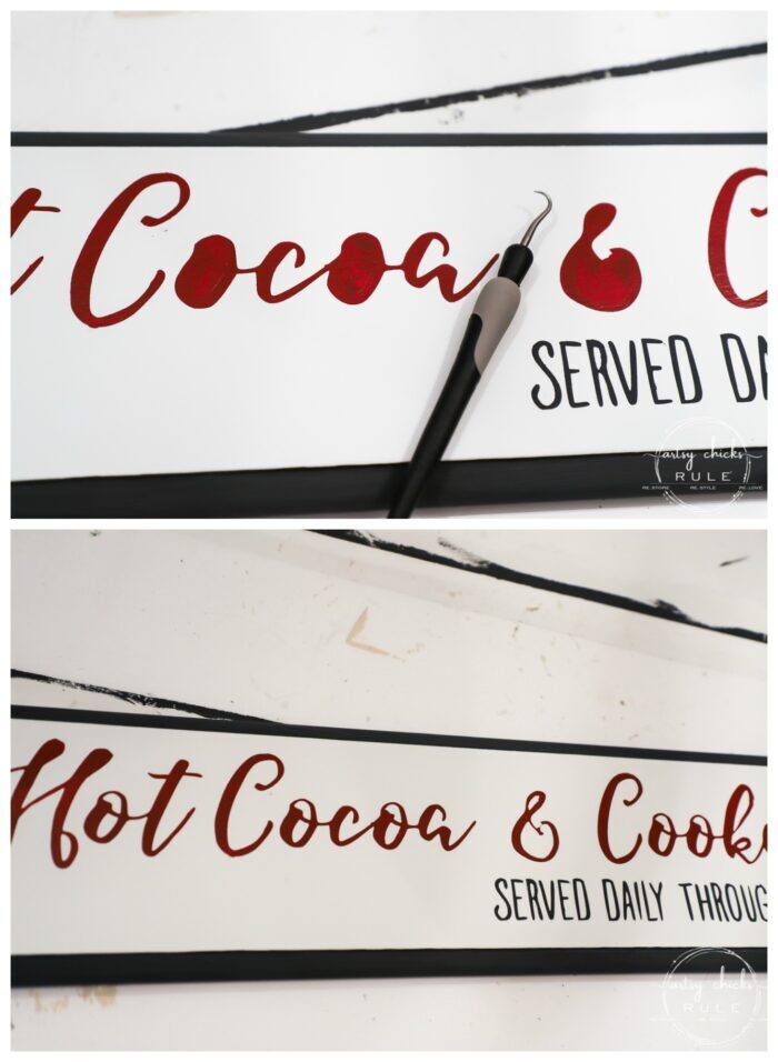 This old repurposed drawer front was the perfect size for my Hot Cocoa & Cookies Christmas Sign. Get the free printable so you can make one too! artsychicksrule.com #christmassign #christmasdecor #repurposeddrawerfront #hotcocoaandcookies 