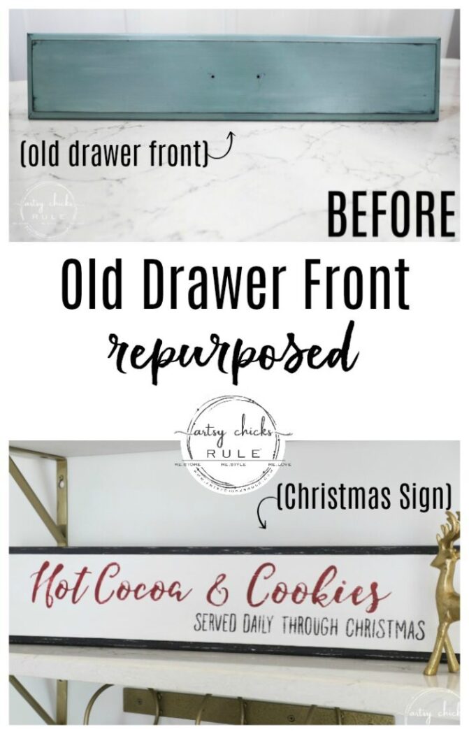 This old repurposed drawer front was the perfect size for my Hot Cocoa & Cookies Christmas Sign. Get the free printable so you can make one too! artsychicksrule.com #christmassign #christmasdecor #repurposeddrawerfront #hotcocoaandcookies 