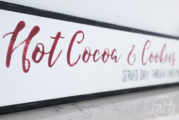 This old repurposed drawer front was the perfect size for my Hot Cocoa & Cookies Christmas Sign. Get the free printable so you can make one too! artsychicksrule.com #christmassign #christmasdecor #repurposeddrawerfront #hotcocoaandcookies 