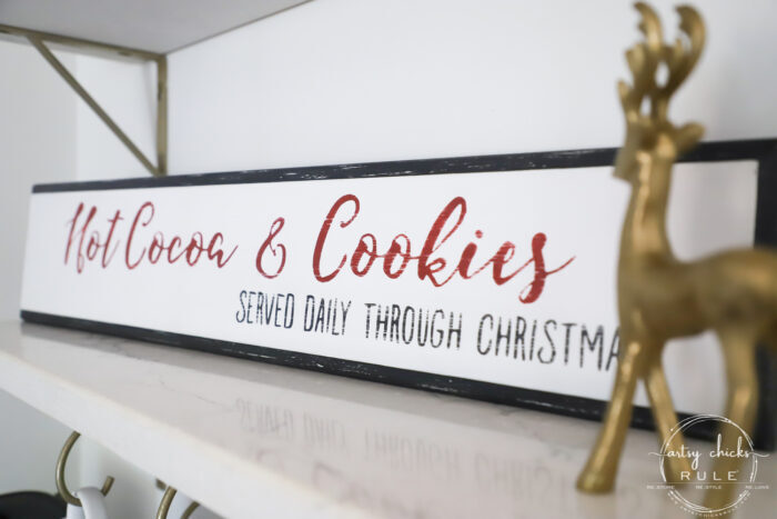 This old repurposed drawer front was the perfect size for my Hot Cocoa & Cookies Christmas Sign. Get the free printable so you can make one too! artsychicksrule.com #christmassign #christmasdecor #repurposeddrawerfront #hotcocoaandcookies 