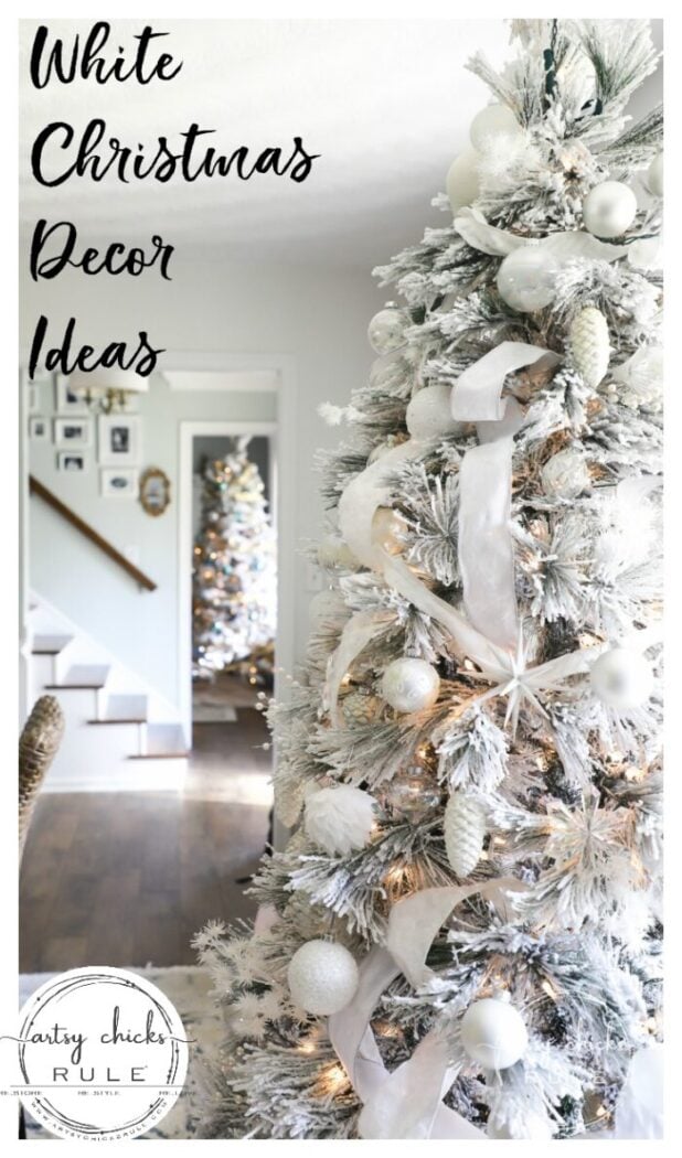 White Christmas Decor Ideas - make for a magical Christmas! I'm sharing our foyer and dining rooms all decked out in white! artsychicksrule.com #whitechristmas #whitechristmasdecor #whitedecorideas 