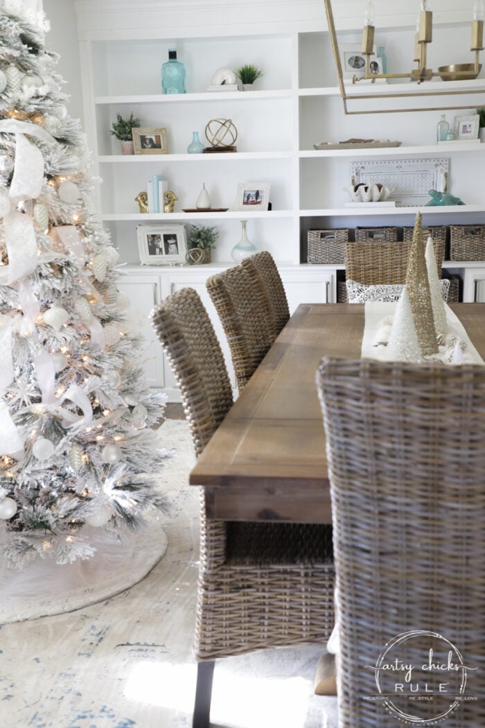 White Christmas Decor Ideas - make for a magical Christmas! I'm sharing our foyer and dining rooms all decked out in white! artsychicksrule.com #whitechristmas #whitechristmasdecor #whitedecorideas 