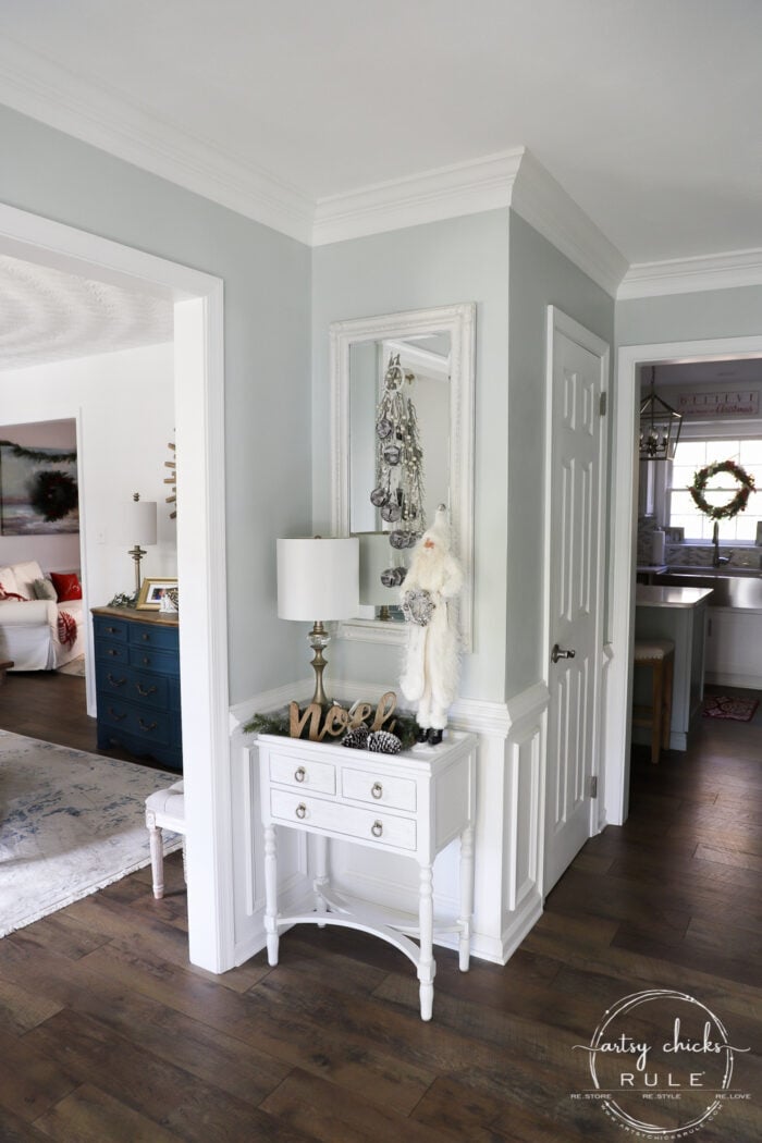 White Christmas Decor Ideas - make for a magical Christmas! I'm sharing our foyer and dining rooms all decked out in white! artsychicksrule.com #whitechristmas #whitechristmasdecor #whitedecorideas 