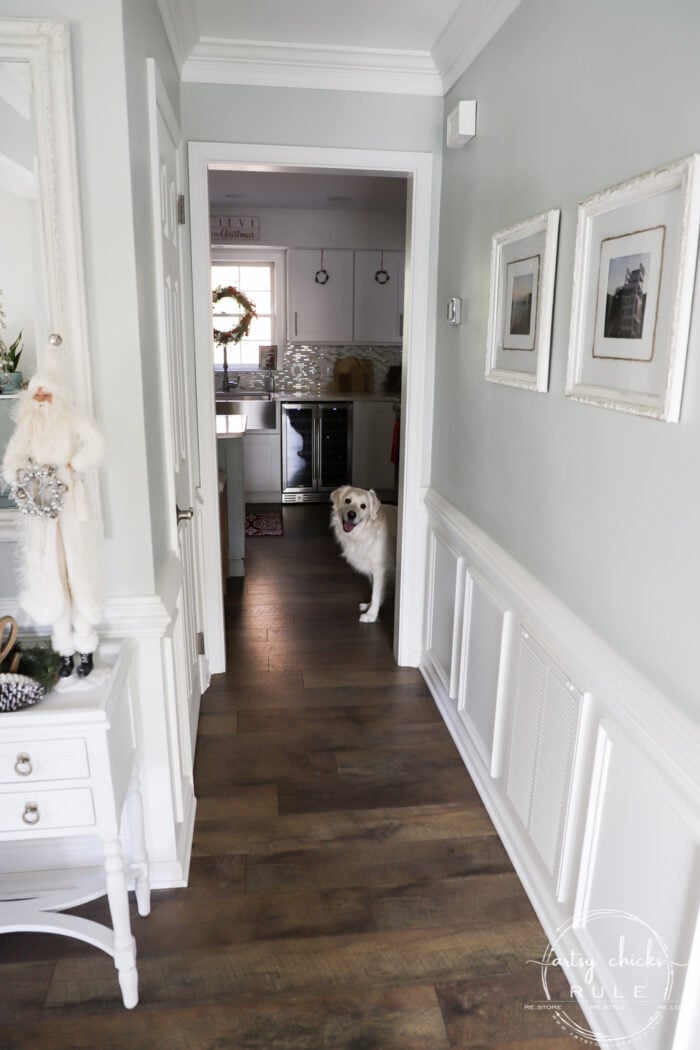 White Christmas Decor Ideas - make for a magical Christmas! I'm sharing our foyer and dining rooms all decked out in white! artsychicksrule.com #whitechristmas #whitechristmasdecor #whitedecorideas 