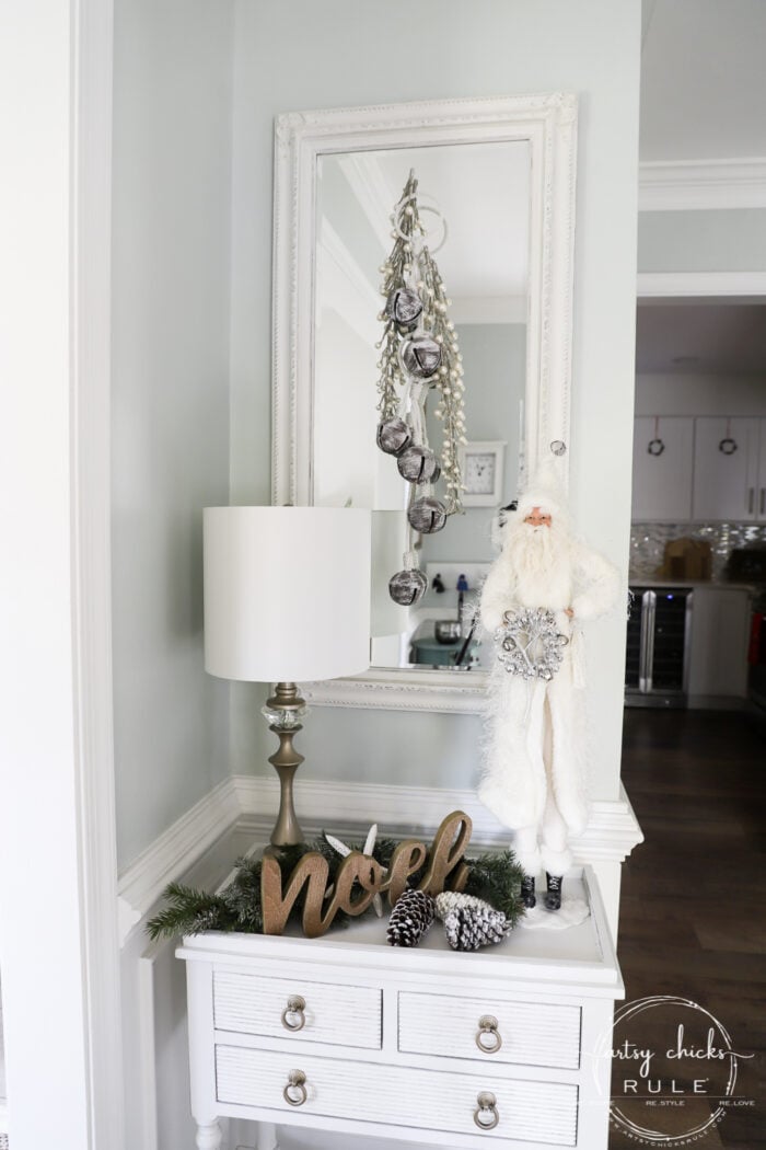 White Christmas Decor Ideas - make for a magical Christmas! I'm sharing our foyer and dining rooms all decked out in white! artsychicksrule.com #whitechristmas #whitechristmasdecor #whitedecorideas 