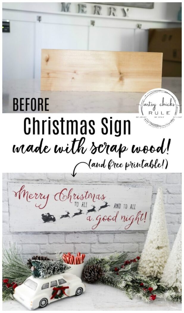 Merry Christmas To All...and to all a good night! Easy sign made out of scrap wood plus FREE printable! artsychicksrule.com #christmassign #merrychristmastoall #Santasleigh 