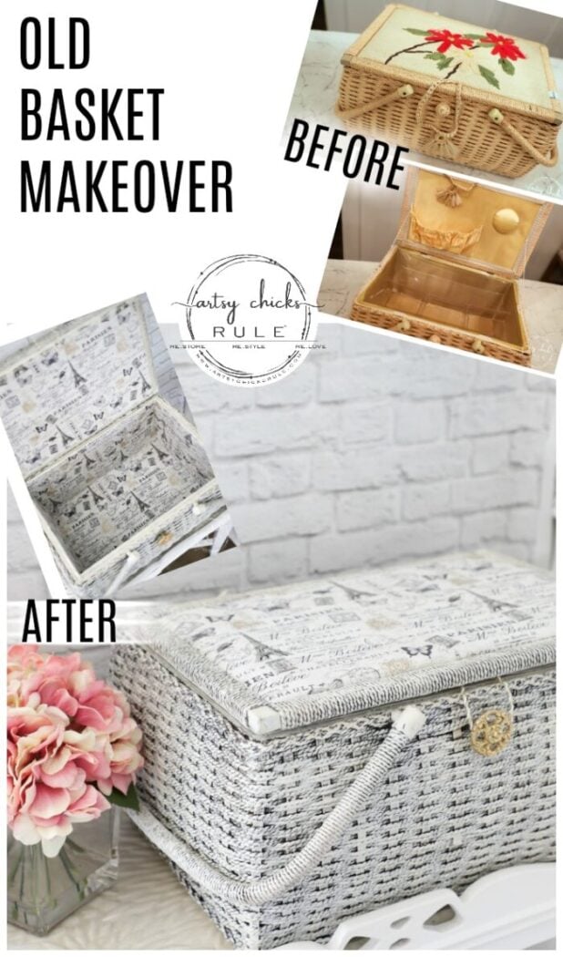 Don't pass up those old baskets at the thrift store! Bring em home and give em a basket makeover they are worthy of! Old is new again! artsychicksrule.com #basketmakeover #oldbasketideas #basketideas #frenchdecor