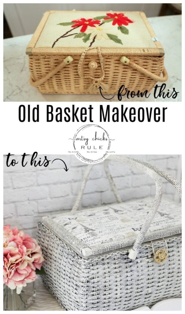 Don't pass up those old baskets at the thrift store! Bring em home and give em a basket makeover they are worthy of! Old is new again! artsychicksrule.com #basketmakeover #oldbasketideas #basketideas #frenchdecor