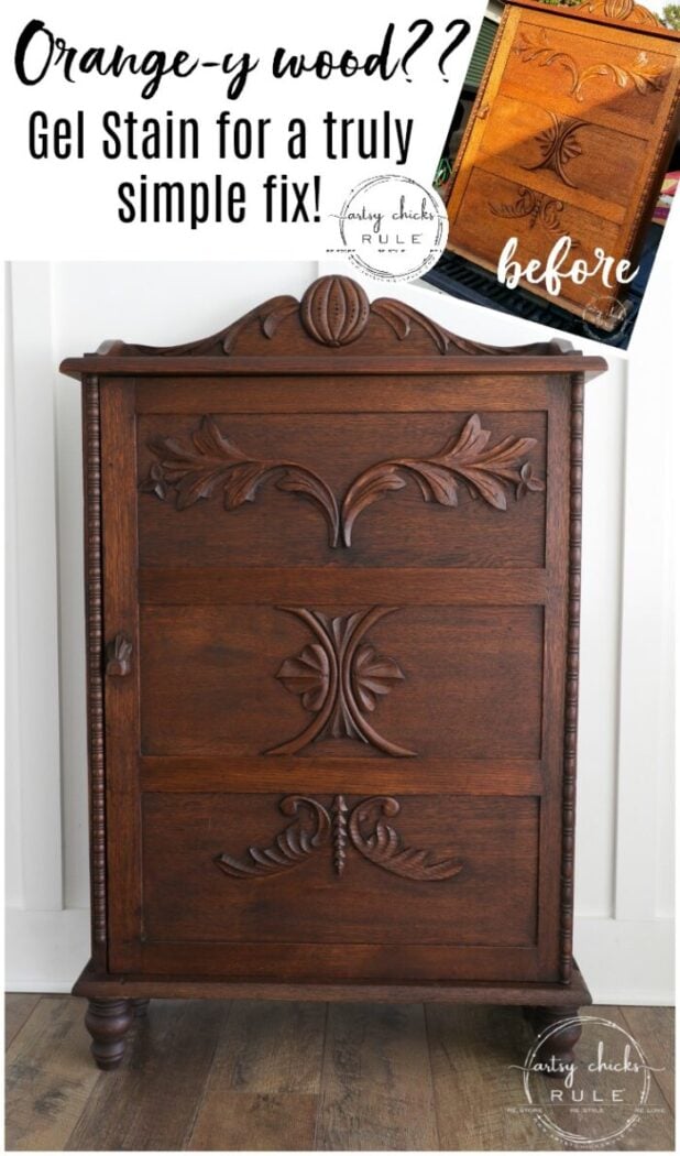 This gel stain cabinet makeover was a breeze to do!! Super easy (and quick) way to update that old orange-y wood! (or any old wood!) artsychicksrule.com #gelstain #gelstainmakeover #gelstainideas #furnituremakeover #stainedfurnitured #antiquefurniture