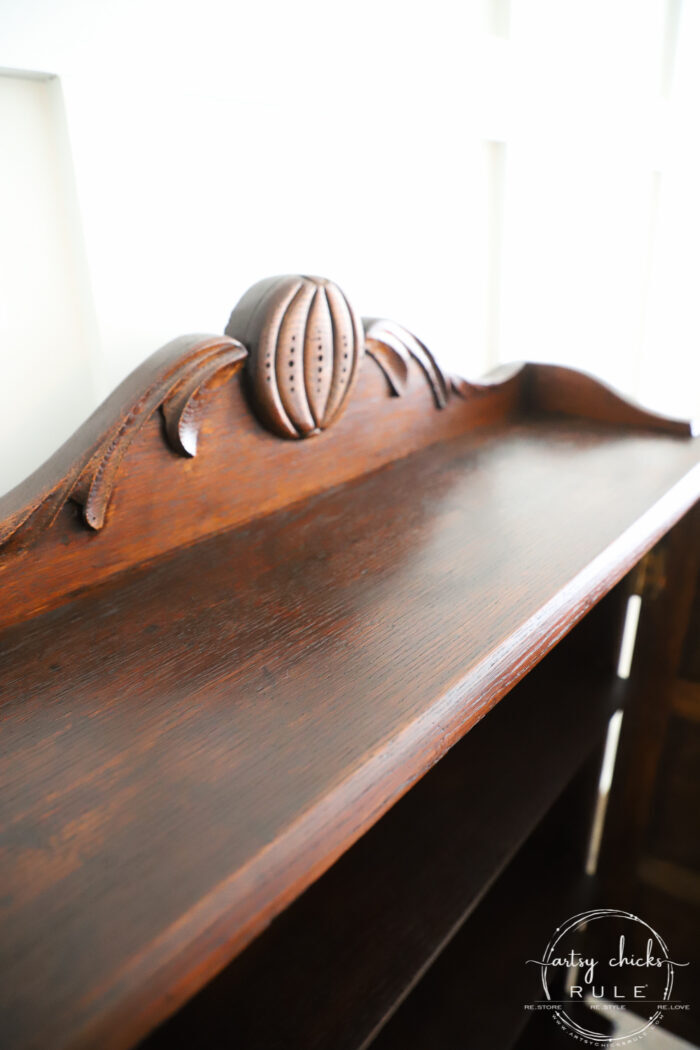 This gel stain cabinet makeover was a breeze to do!! Super easy (and quick) way to update that old orange-y wood! (or any old wood!) artsychicksrule.com #gelstain #gelstainmakeover #gelstainideas #furnituremakeover #stainedfurnitured #antiquefurniture