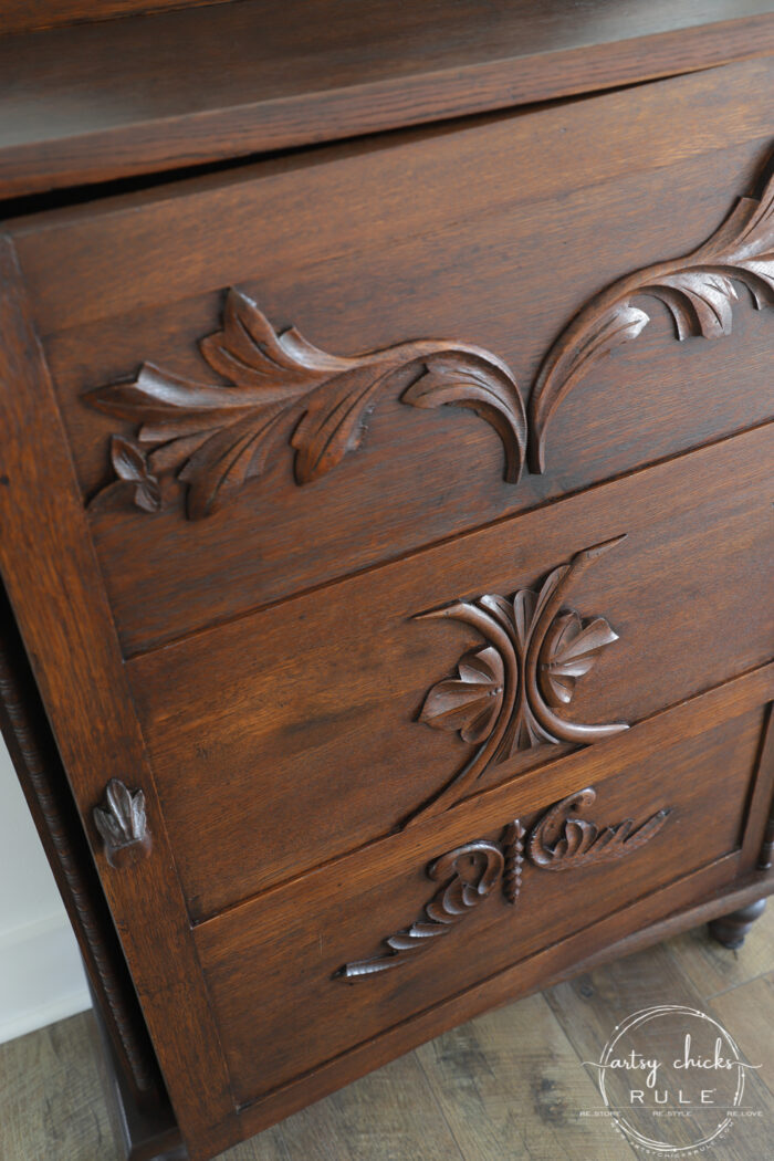 This gel stain cabinet makeover was a breeze to do!! Super easy (and quick) way to update that old orange-y wood! (or any old wood!) artsychicksrule.com #gelstain #gelstainmakeover #gelstainideas #furnituremakeover #stainedfurnitured #antiquefurniture