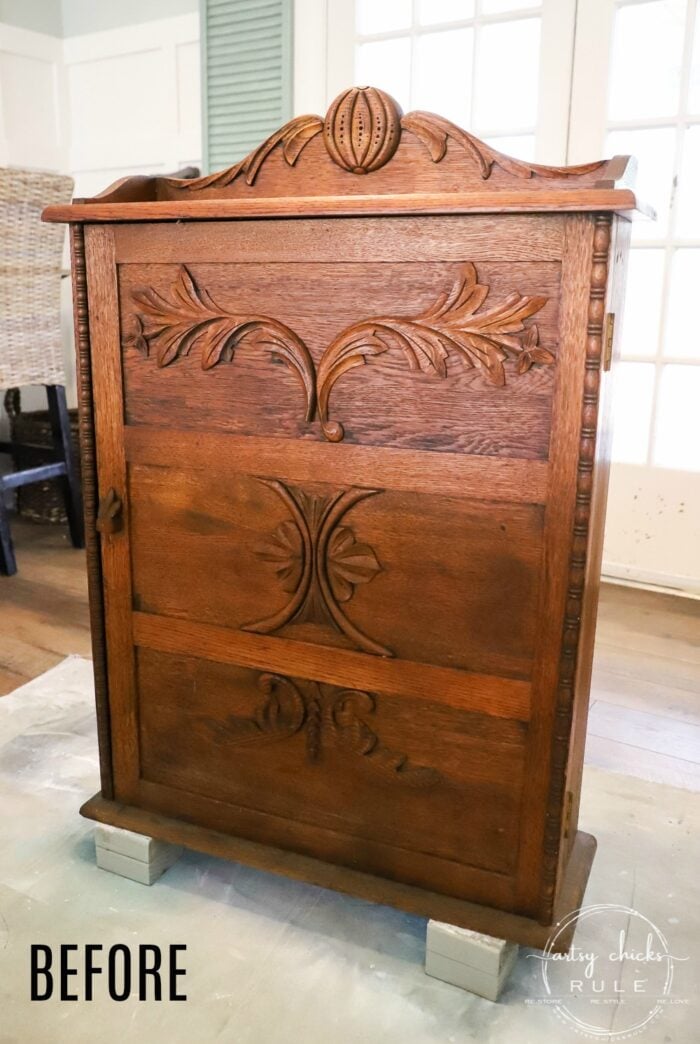 This gel stain cabinet makeover was a breeze to do!! Super easy (and quick) way to update that old orange-y wood! (or any old wood!) artsychicksrule.com #gelstain #gelstainmakeover #gelstainideas #furnituremakeover #stainedfurnitured #antiquefurniture