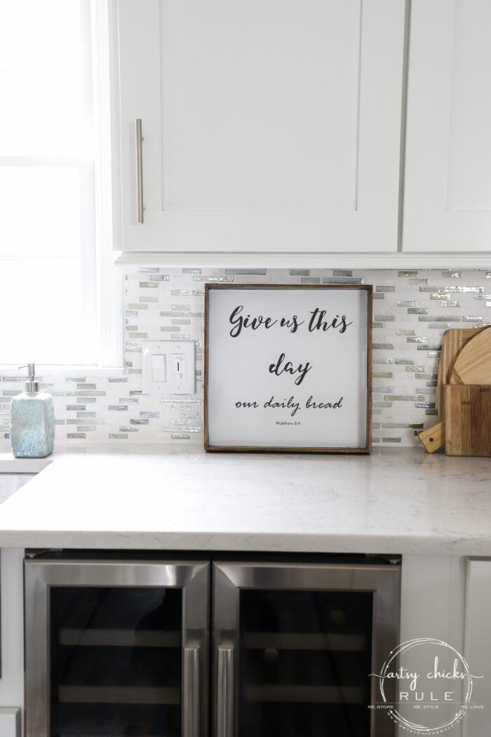 Old tray repurposed! This $3 "Give Us This Day Our Daily Bread Sign"/tray got a brand new look and life. artsychicksrule.com #repurposedfind #giveusthisday #biblequote #trayrepurposed 