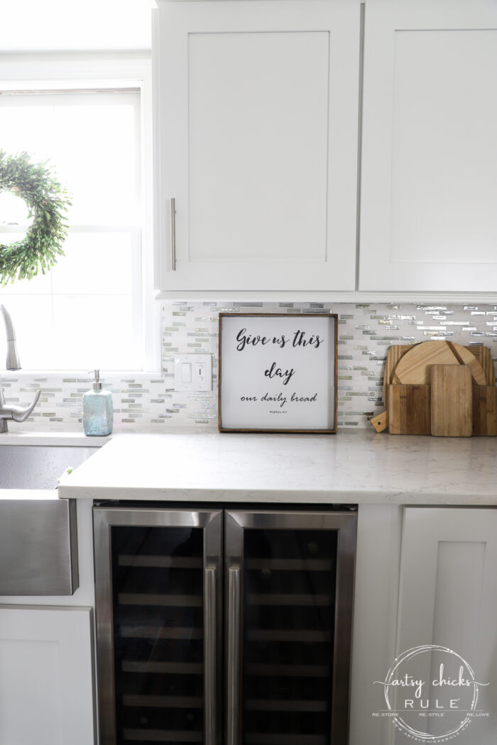 Old tray repurposed! This $3 "Give Us This Day Our Daily Bread Sign"/tray got a brand new look and life. artsychicksrule.com #repurposedfind #giveusthisday #biblequote #trayrepurposed 