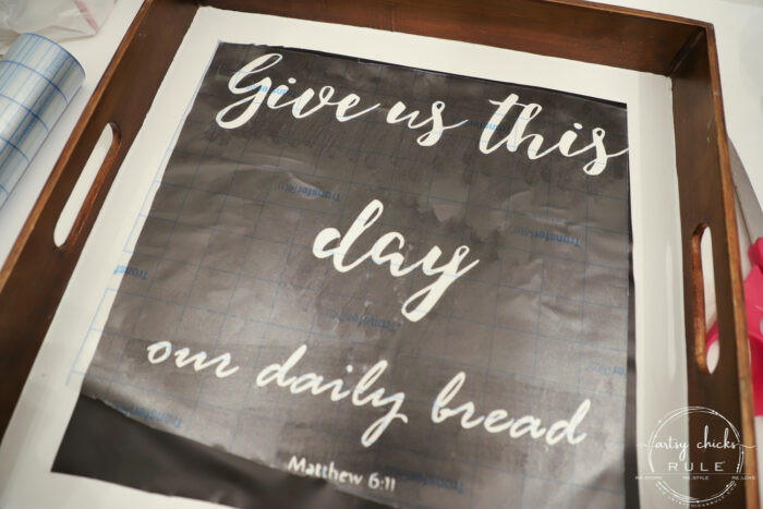Old tray repurposed! This $3 "Give Us This Day Our Daily Bread Sign"/tray got a brand new look and life. artsychicksrule.com #repurposedfind #giveusthisday #biblequote #trayrepurposed 