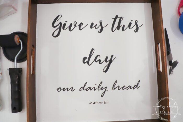 Old tray repurposed! This $3 "Give Us This Day Our Daily Bread Sign"/tray got a brand new look and life. artsychicksrule.com #repurposedfind #giveusthisday #biblequote #trayrepurposed 