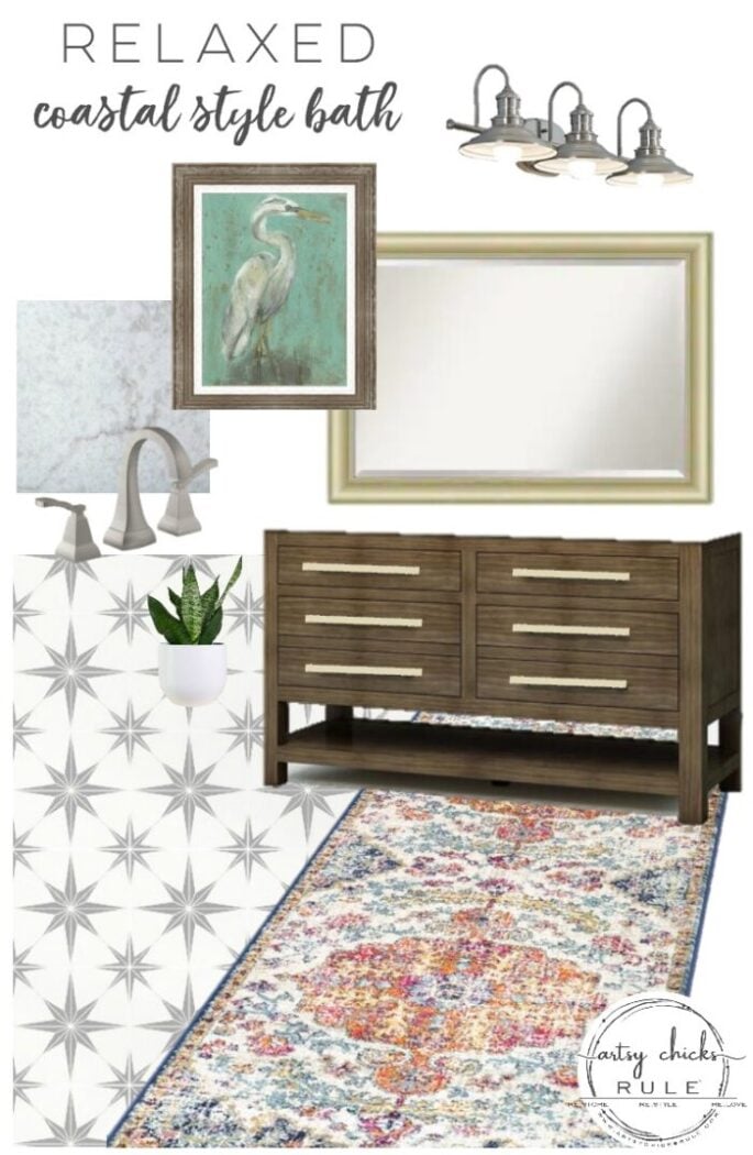 hall bath mood board with brown cabinet 