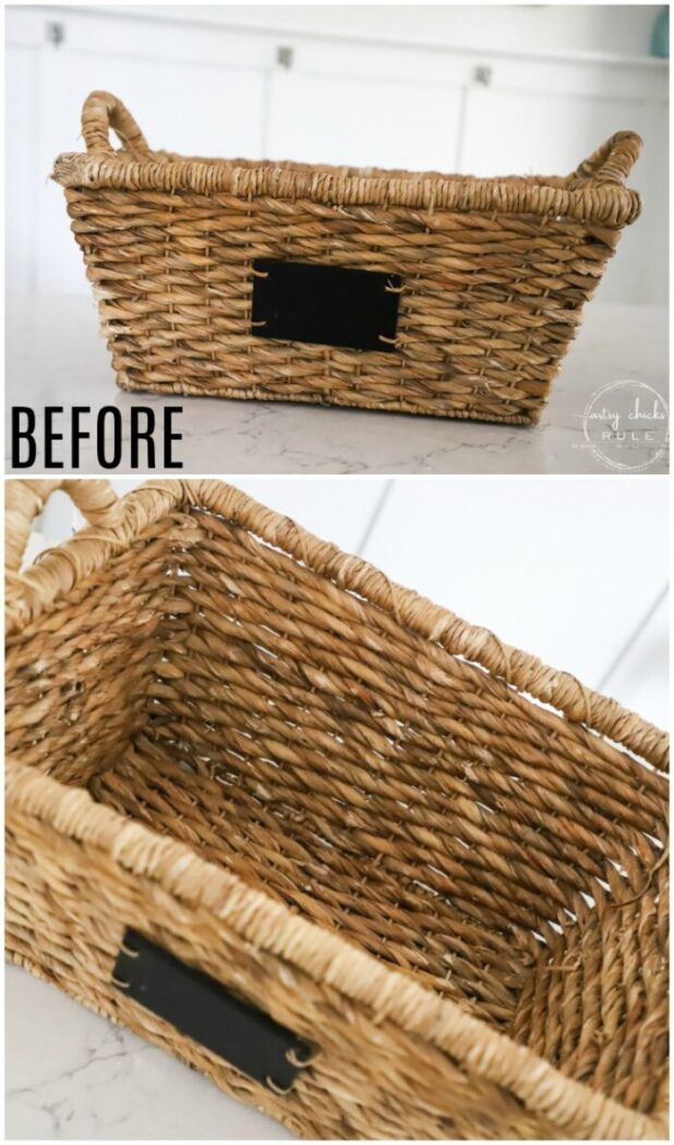 $4 thrift store basket becomes the perfect winter basket for storing winter goodies! Also great for a gift basket with winter essentials! Paint is all you need! artsychicksrule.com #winterbasket #basketmakeover #thriftstorebasket #winterstuff