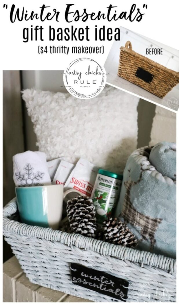 $4 thrift store basket becomes the perfect winter basket for storing winter goodies! Also great for a gift basket with winter essentials! Paint is all you need! artsychicksrule.com #winterbasket #basketmakeover #thriftstorebasket #winterstuff