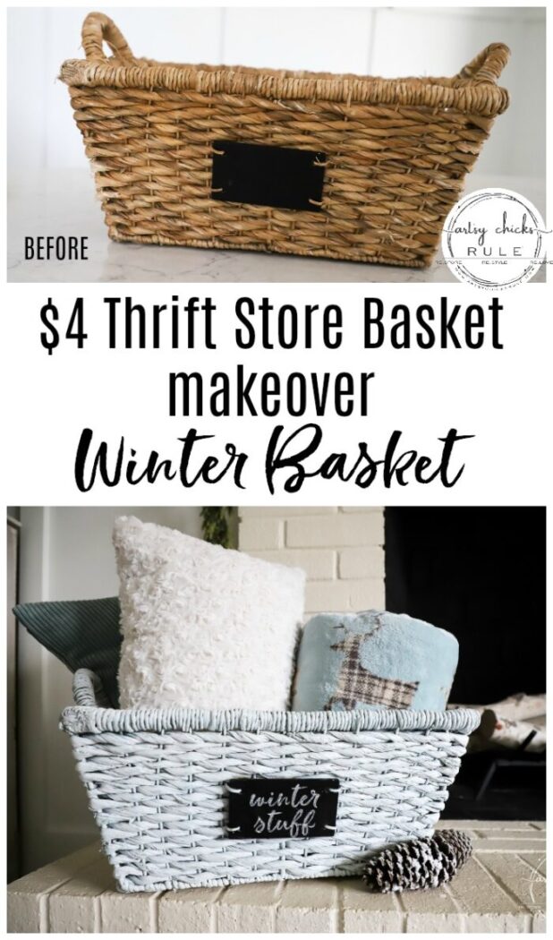 $4 thrift store basket becomes the perfect winter basket for storing winter goodies! Also great for a gift basket with winter essentials! Paint is all you need! artsychicksrule.com #winterbasket #basketmakeover #thriftstorebasket #winterstuff