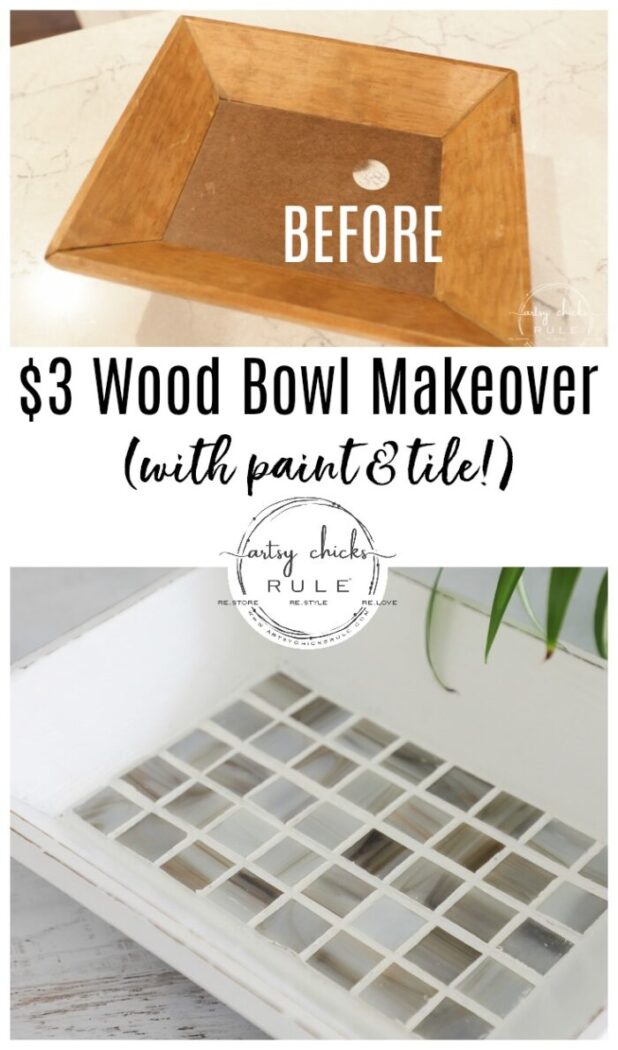 This $3 wood bowl makeover was simple to do with paint and tile (easier than you think!) artsychicksrule.com #woodbowlmakeover #tileprojects #tiledmakeovers