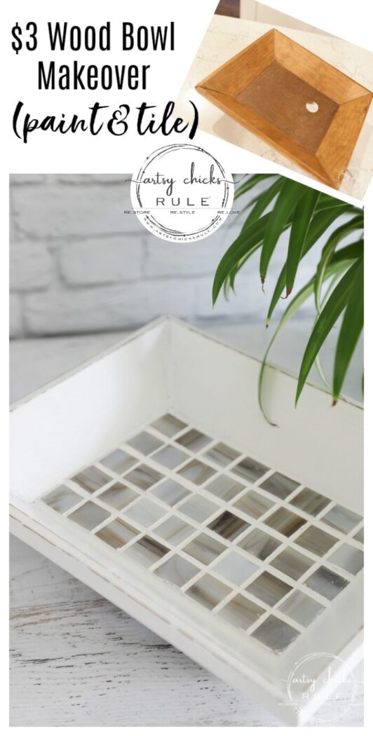 This $3 wood bowl makeover was simple to do with paint and tile (easier than you think!) artsychicksrule.com #woodbowlmakeover #tileprojects #tiledmakeovers