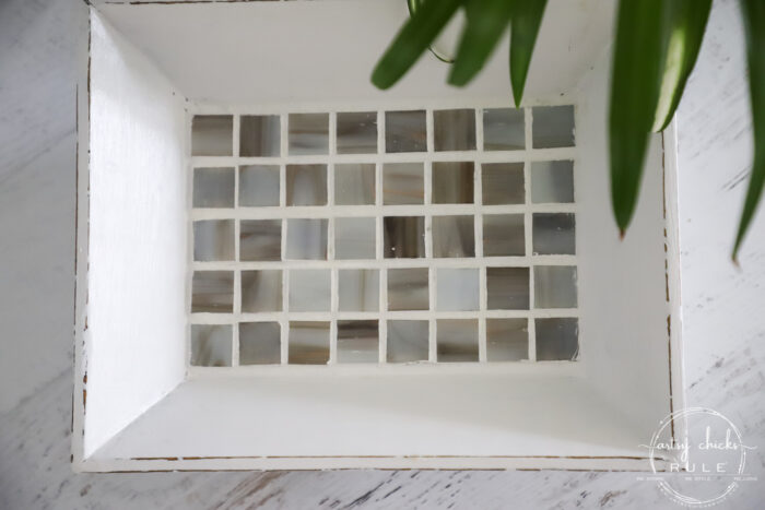 This $3 wood bowl makeover was simple to do with paint and tile (easier than you think!) artsychicksrule.com #woodbowlmakeover #tileprojects #tiledmakeovers