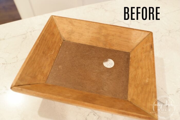 This $3 wood bowl makeover was simple to do with paint and tile (easier than you think!) artsychicksrule.com #woodbowlmakeover #tileprojects #tiledmakeovers