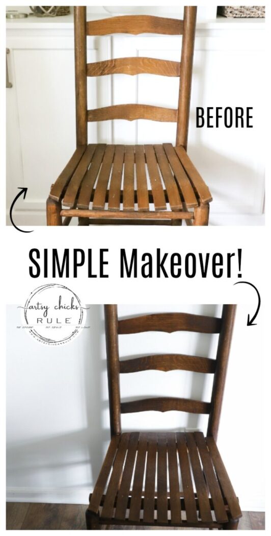 $8 Ladder Back Chair Makeover with Gel Stain and Gel Topcoat...SO SIMPLE!!!! artsychicksrule.com #ladderbackchair #gelstain #geltopcoat #stainedfurnituremakeover