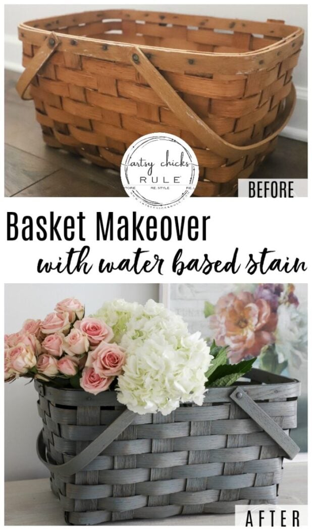 Water based stain is so simple to use. It's a no brainer for things like this old, orangey basket makeover for spring. artsychicksrule.com #waterbasedstain #basketmakeover #springbasket